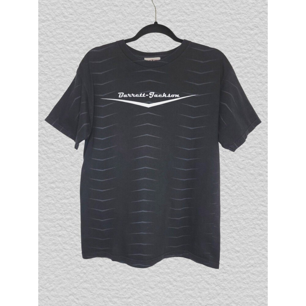 Barrett Jackson Crew Neck T Shirt Tee MED Black Stripe Logo Print Car Collector